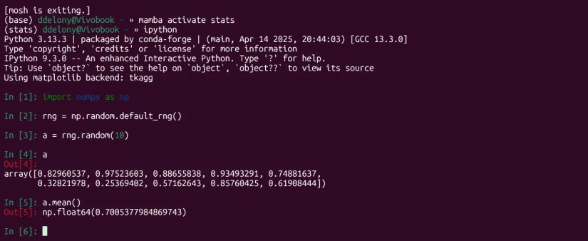 Creating an array of random numbers and taking the mean with NumPy in an iPython session in the Linux terminal.