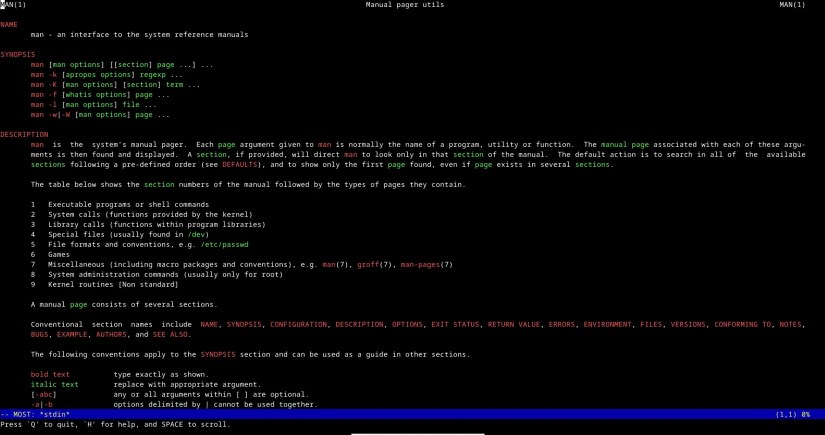 Viewing the manpage of the &ldquo;man&rdquo; command in Most in the Linux terminal.