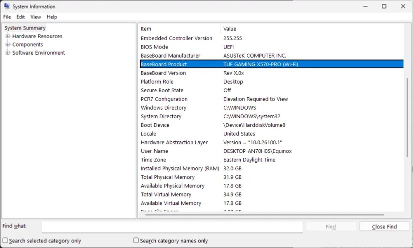 The output of msinfo32 on the example PC.