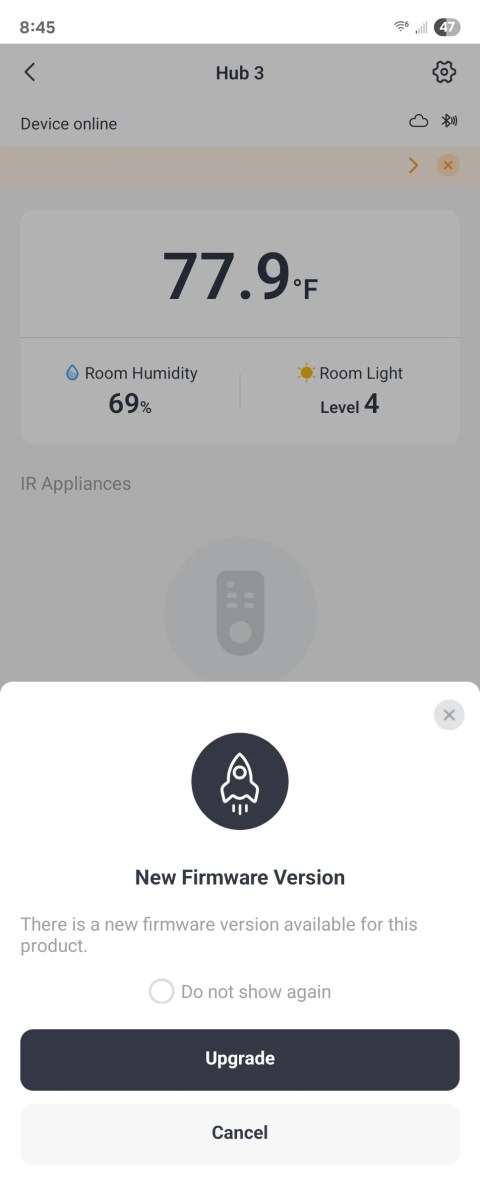 New firmware notification within the SwitchBot Android app.