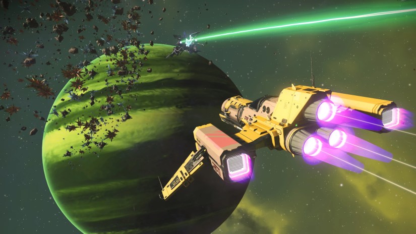 Ships approach a green planet in No Man&rsquo;s Sky.