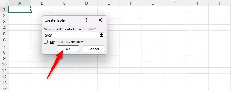 OK is selected in the Create Table dialog box in Excel.