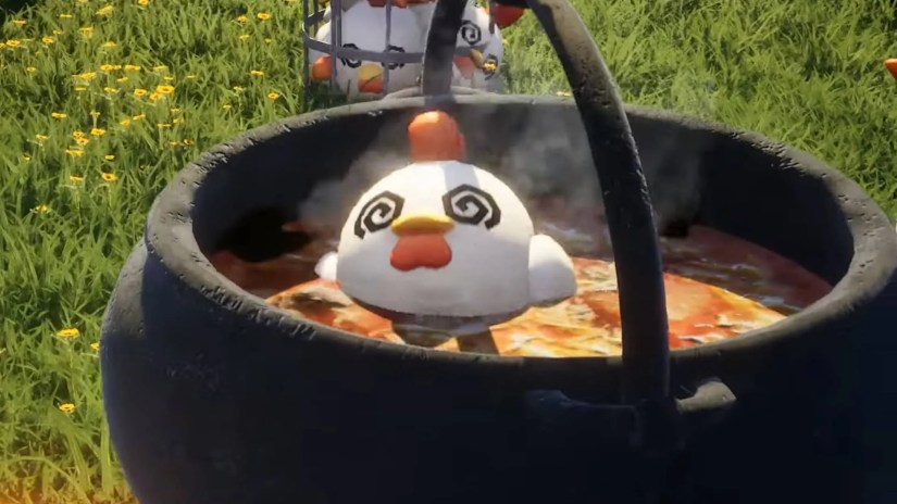 A Pal submerged in a pot of stew in Palworld.