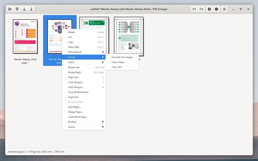 A screenshot showing PDF Arranger with two open PDFs files.