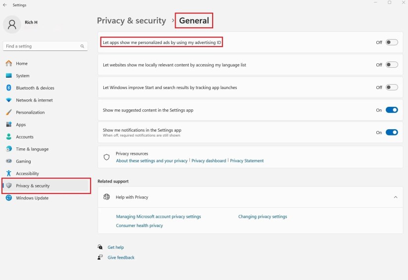 A screenshot of Windows 11 General screen in Privacy &amp; Security.