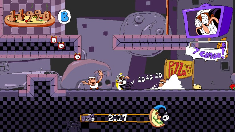 Peppino charging ahead while Gustavo calmly guides him in Pizza Tower.