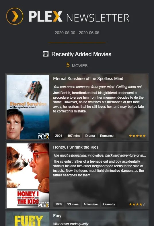 A Tautulli email newsletter template for recently added media.