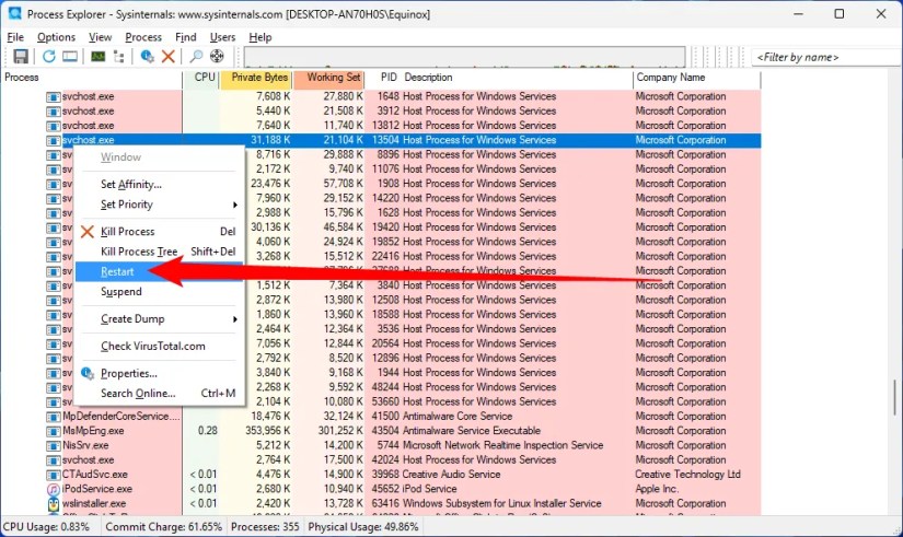 Restarting or ending a process in Process Explorer.