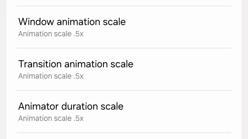 Samsung Developer options animation scale tuning