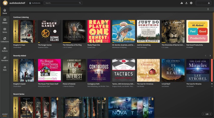 The AudioBookshelf interface showing books in progress, recently added, and series.