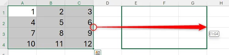 Some data in Excel being clicked and dragged to another range through the right-click action.