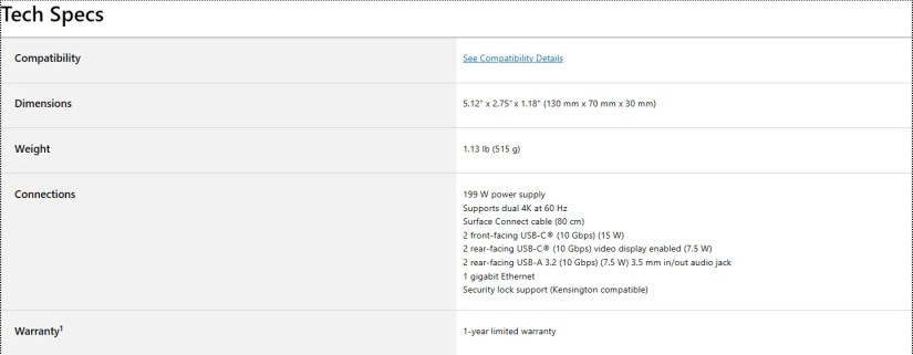 The tech specs of the Surface Dock 2.