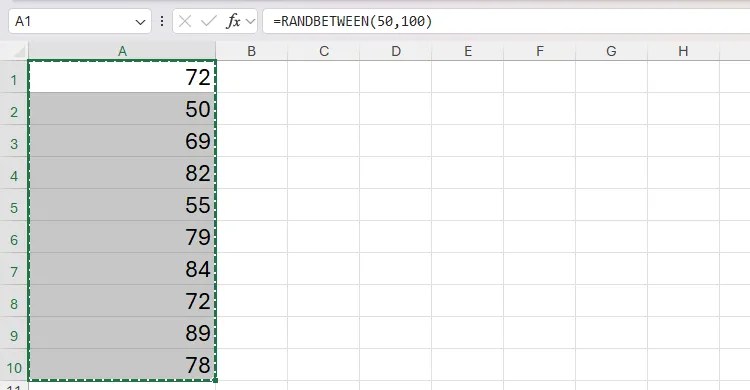 Ten cells containing random numbers between 50 and 100 in Excel are copied.