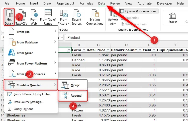 The Append option in the Combine Queries section of the Get Data drop-down menu in Excel is selected.