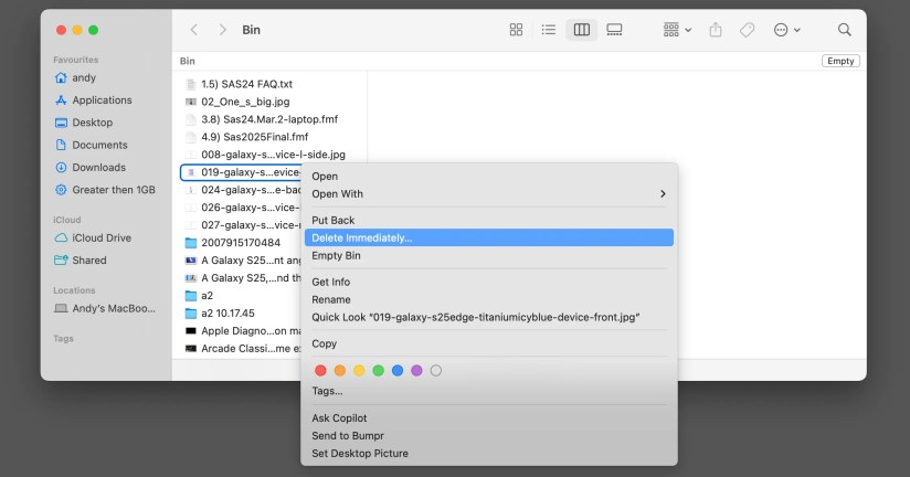 The Delete Immediately option in macOS trash.
