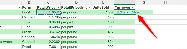 The first part of a structured reference with square brackets in Excel.