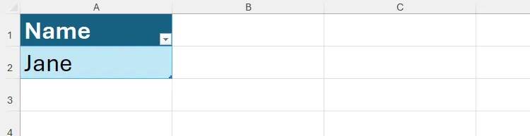 The first two cells of an Excel table contain the column header &lsquo;Name,&rsquo; and the first data entry, &lsquo;Jane.'