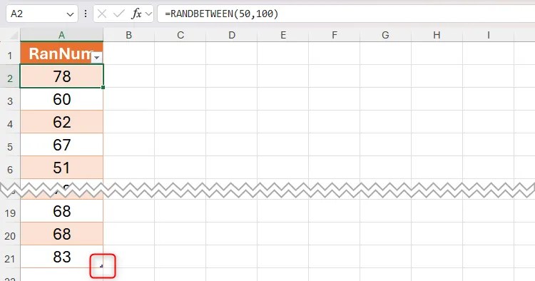 The RANDBETWEEN function being used in Excel to generate 20 random numbers between 50 and 100 in an Excel table.
