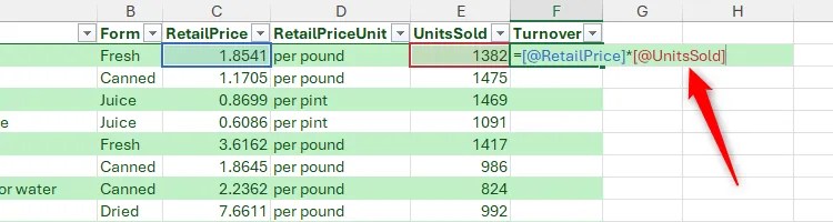 The second part of a structured reference with square brackets in Excel.