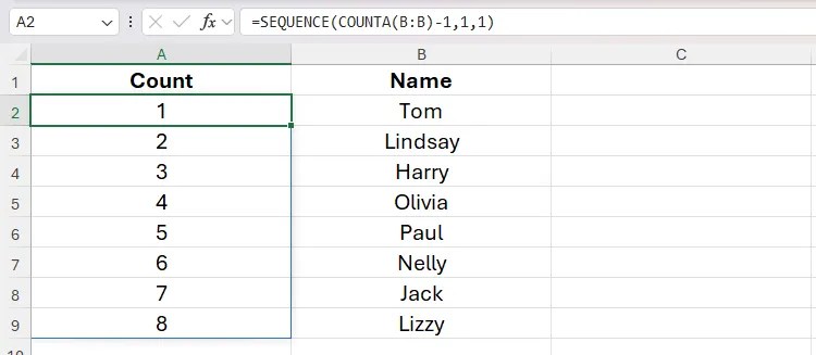 The SEQUENCE and COUNTA functions being used in an unstructured dataset in Excel.
