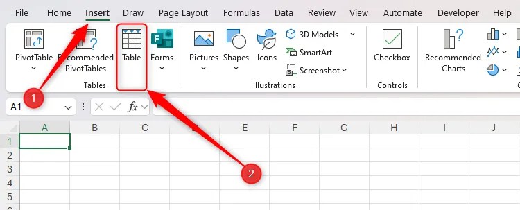 The Table icon is selected in the Insert tab on Excel&rsquo;s ribbon.