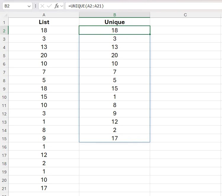 The UNIQUE function in cell B2 in Excel being used to extract unique values from cells A2 to A21.