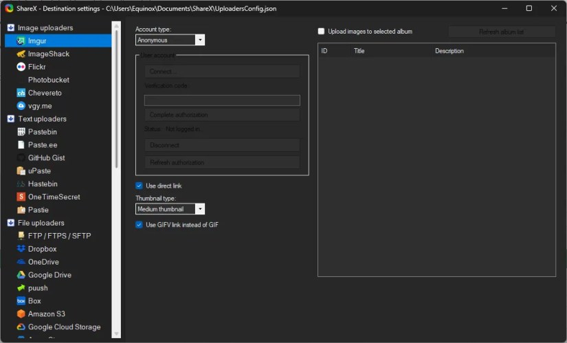 The upload options in ShareX.