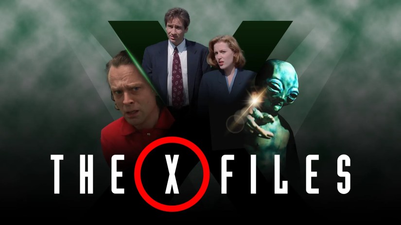 The X-Files logo with characters emerging from a misty &lsquo;X&rsquo;, showing moments from different episodes.