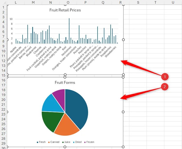Two charts are selected in Excel by clicking each chart while holidng Ctrl.