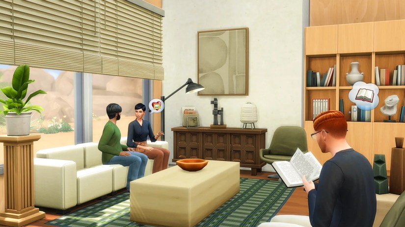 Two sims sit on the couch and chat while another reads his book quietly in The Sims 4.