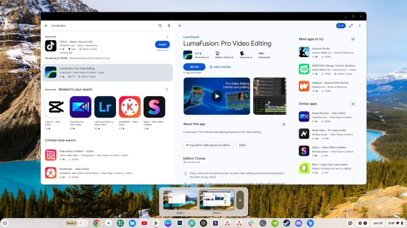 Virtual Desks showing at the bottom of a Chromebook screen.