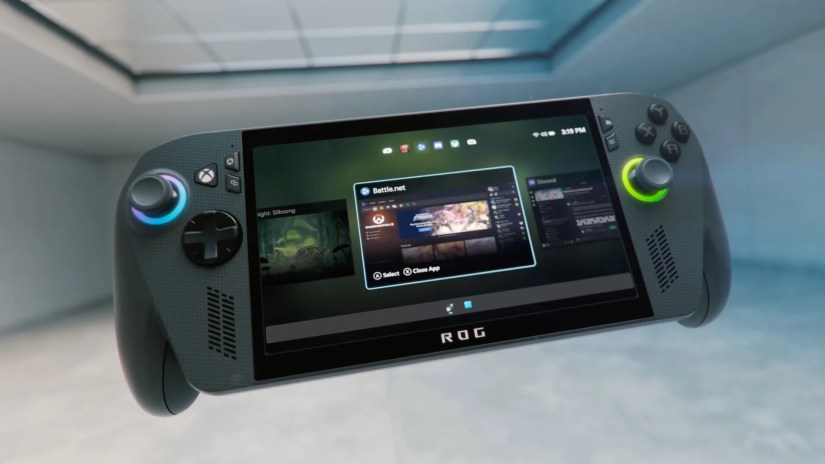 An image showing the overhauled Windows UI running on an ROG Xbox Ally X handheld.