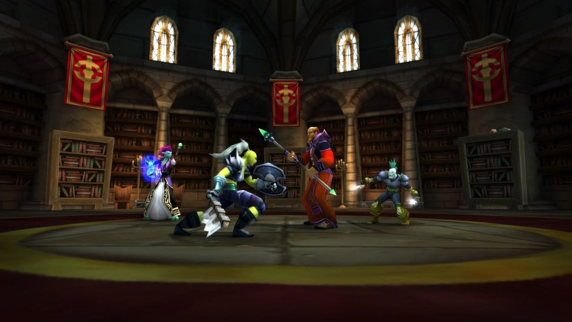 Players fighting a boss in one of the Scarlet Monastery dungeons.