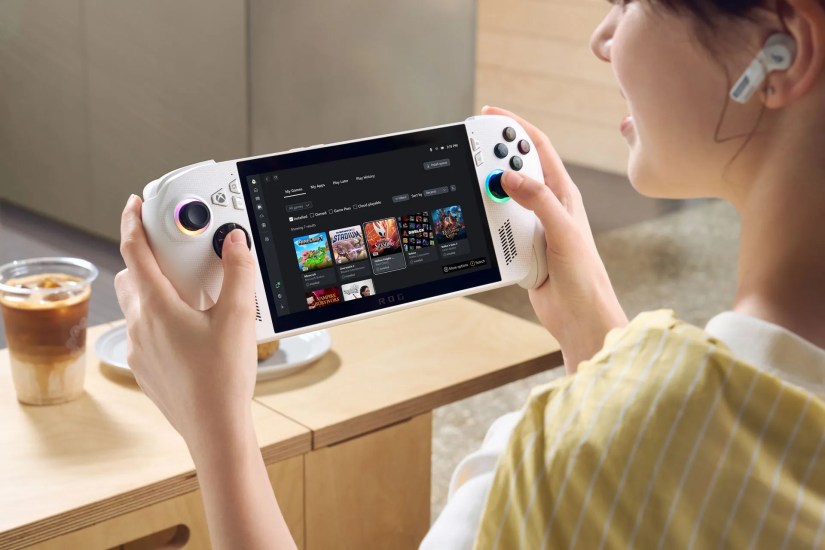 A promotional image showing a person using an Xbox ROG Ally X