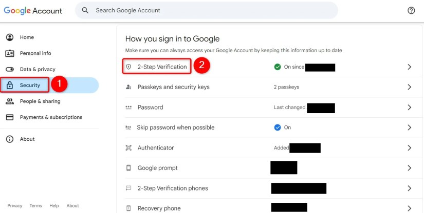 &ldquo;Security&rdquo; and &ldquo;2-Step Verification&rdquo; highlighted on Google My Account.
