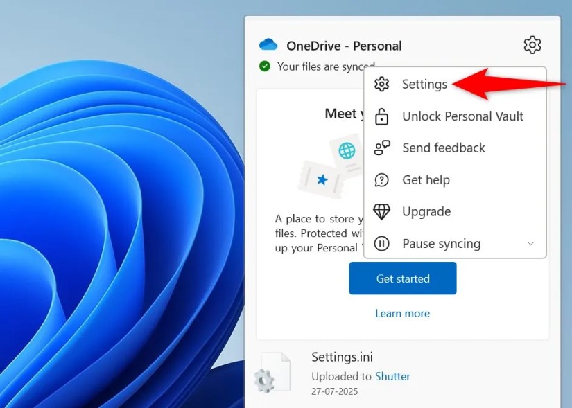&ldquo;Settings&rdquo; highlighted in OneDrive.