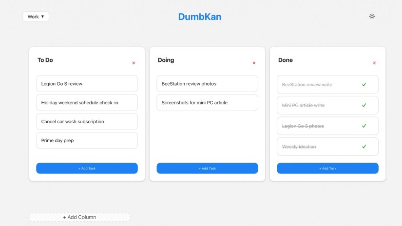 Screenshot of DumbKan, a virtual Kanban board.