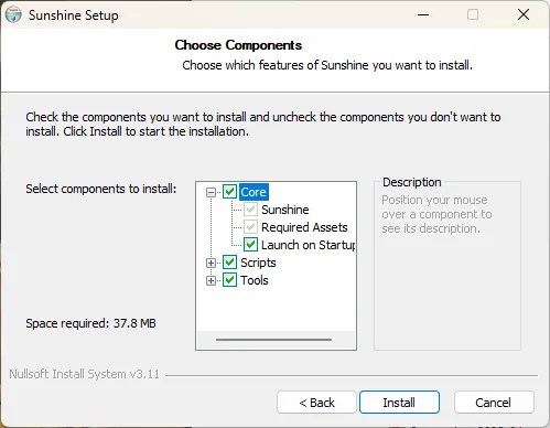Choosing Sunshine game streaming components to install.