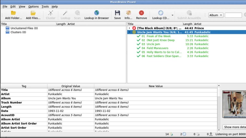 Screenshot of MusicBrainz Picard identifying two albums.