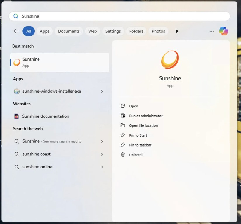 Opening the Sunshine game streaming server from the Start menu.