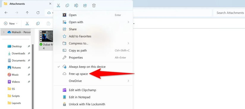 &ldquo;Free Up Space&rdquo; highlighted for a file in OneDrive.