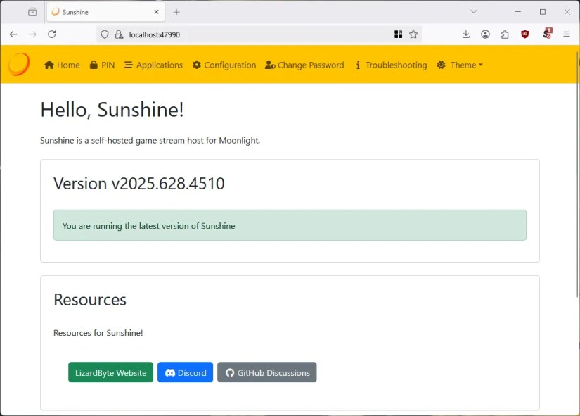 The Sunshine game streaming server configuration screen.