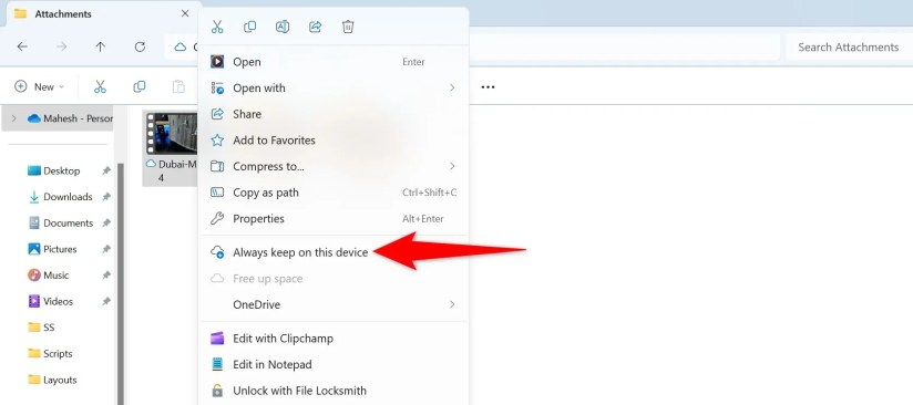 &ldquo;Always Keep On This Device&rdquo; highlighted for a file in OneDrive.