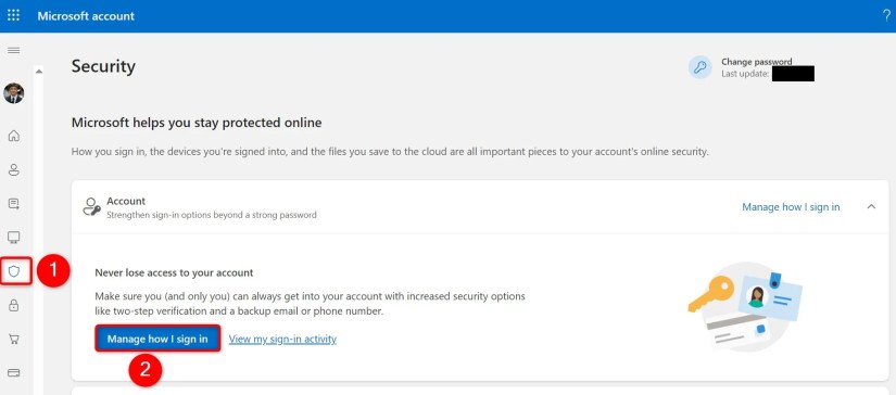 &ldquo;Security&rdquo; and &ldquo;Manage How I Sign In&rdquo; highlighted on Microsoft Account.