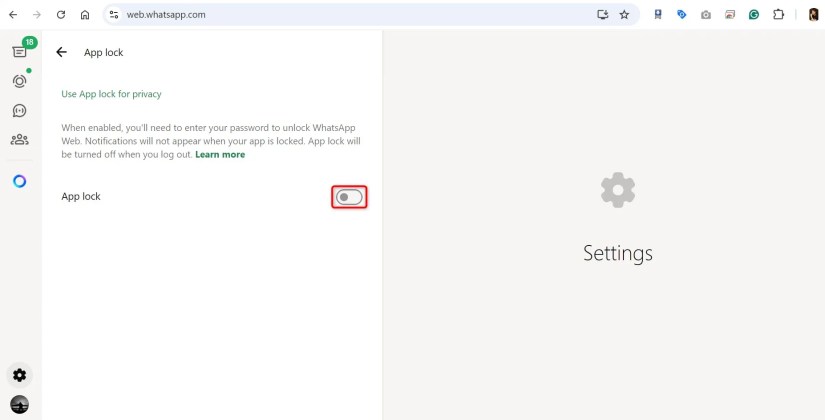 The &ldquo;App Lock&rdquo; toggle highlighted on WhatsApp Web.