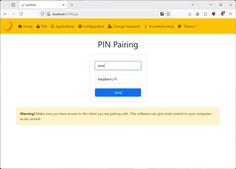 Pairing Sunshine with Moonlight using a PIN.