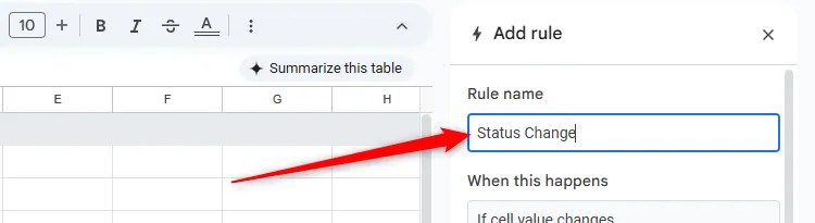 A conditional notification rule in Google Sheets is renamed Status Change.