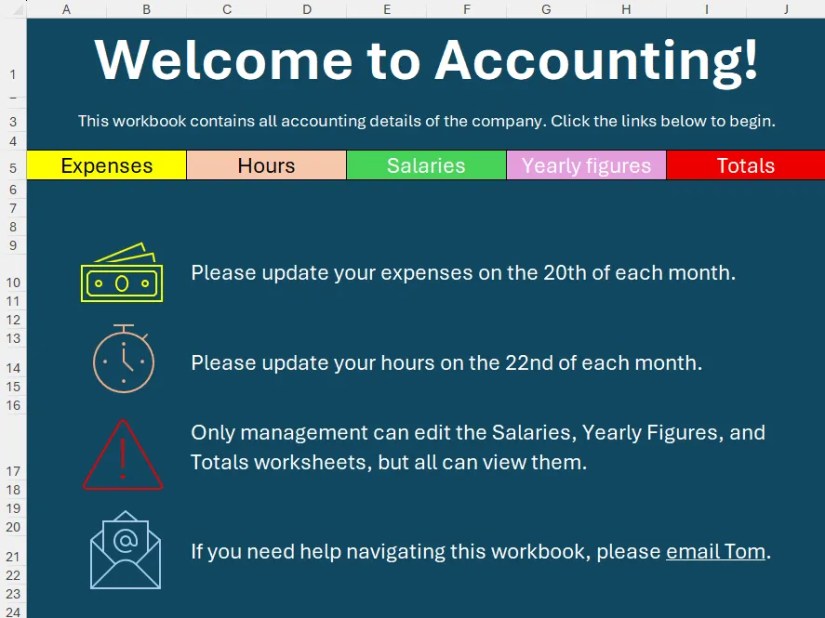 A sample Homepage worksheet in Excel.