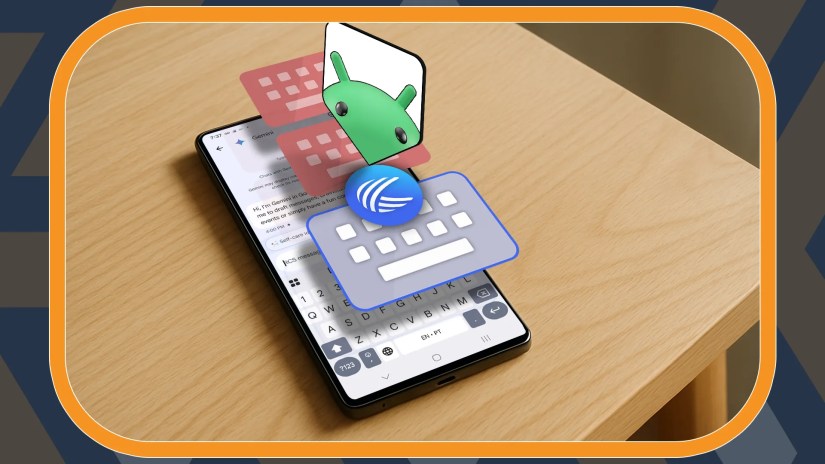 A smartphone with multiple keyboard icons floating above the screen and the Android mascot in the center.