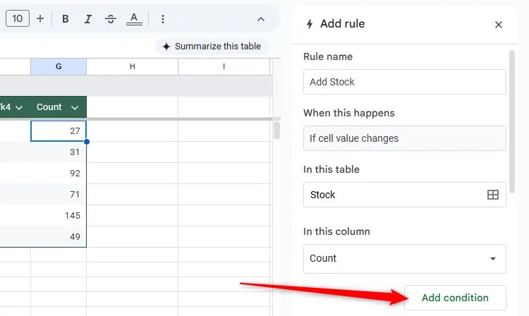 Add Condition is selected in Google Sheets' conditional notification pane.